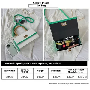 Tableau des tailles détaillé pour sac rétro à motif crocodile avec poignée en bambou et capacité