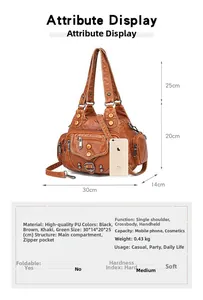 Detailed view of brown soft PU leather crossbody bag with dimensions and pocket layout
