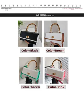 Détail de poignées en bambou et sacs aspect crocodile en noir, marron, vert et rose