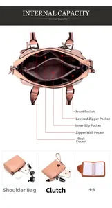 Pink PU leather handbag set with four pieces showing spacious internal compartments