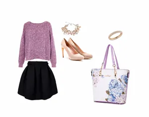 Flat lay of a 6-piece Chinese style floral handbag set with matching purple sweater outfit