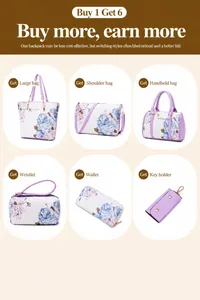 Detailed set of 6 floral print bags including tote and shoulder bag in white and purple