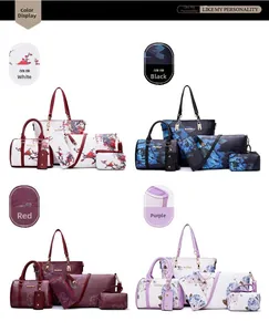 Detailed four-color selection of 6-piece Chinese style floral print handbag sets in high quality