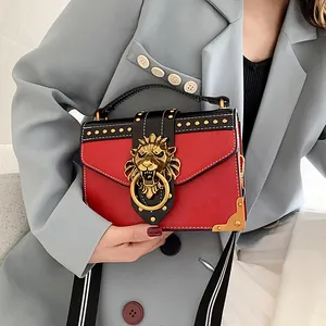 Vintage Women's PU Leather Handbag With Gold Lion Head Buckle Rivets Contrast Color Wide Strap Square Crossbody Bag Fashion Tote Bag