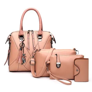 Pink 4-piece handbag set with tote, crossbody bag, clutch and wallet in V-quilted faux leather