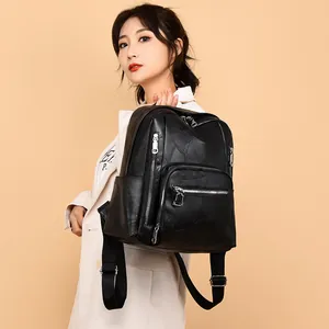 Minimalist black faux leather backpack for women featuring stitched patterns and silver zippers