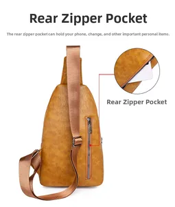 Dettaglio della tasca posteriore con zip antifurto su borsa a tracolla in pelle PU