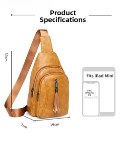Dimensioni dettagliate della borsa pettorale vintage morbida che mostra la capacità iPad mini