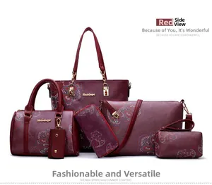 Detailed 6-piece red handbag set with vintage paisley patterns and gold hardware details