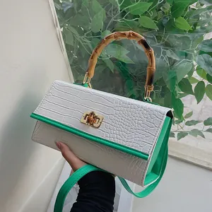 Sac à Main Vintage Motif Crocodile Poignée en Bambou Retro Petit Sac Carré Bandoulière pour Femme Mode Quotidienne Voyage