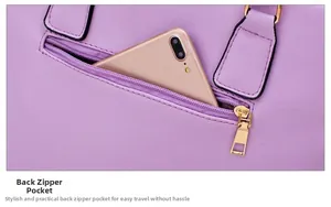 Detail of a purple Saffiano leather handbag with a functional gold back zipper pocket