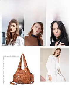 Close-up of vintage brown PU leather handbag showing multiple zipper pockets and texture
