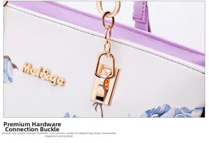 Detailed close-up of champagne gold hardware and floral pattern on a woman's handbag