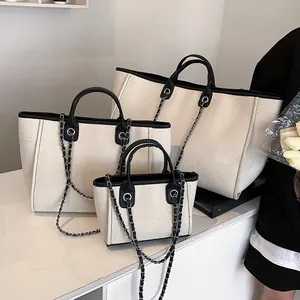 Borsa Tote in Tela da Donna Grande Capacità Tracolla a Catena Finiture in Pelle Sintetica a Contrasto per Ufficio Pendolarismo