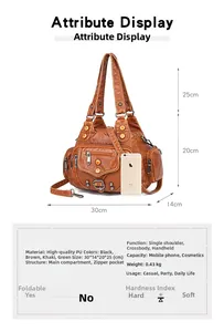 Brown vintage multi-pocket PU leather tote bag with size dimensions and phone reference