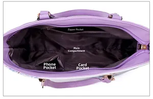 Detailed top view of the purple tote bag interior with multi-functional compartments