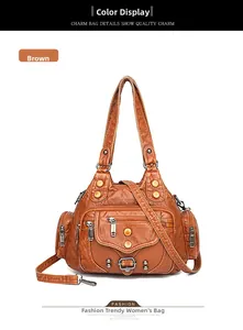 Detailed view of brown retro PU leather handbag featuring multi-zipper pockets and rivets