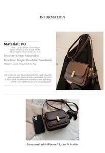 Dimensions détaillées et comparaison de taille iPhone 11 pour sac bandoulière en PU marron.