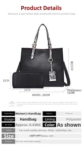 Detail view of black crocodile pattern handbag set with dimensions and inner texture