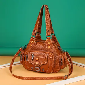 Deep brown washed leather crossbody bag for women with multi-functional zipper pockets