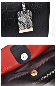 Detail of crocodile pattern leather texture with snake pattern charm and magnetic clasp