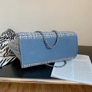 Blue tweed chain bucket bag for women with zebra print dust bag and metal shoulder strap