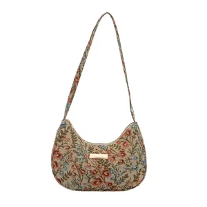 Elegant floral brocade crescent hobo shoulder bag with vintage embroidery and gold trim