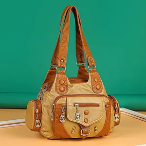 Women Retro Shoulder Bag Washed PU Leather Multi-pocket Crossbody Handbag With Rivets Large Capacity Casual