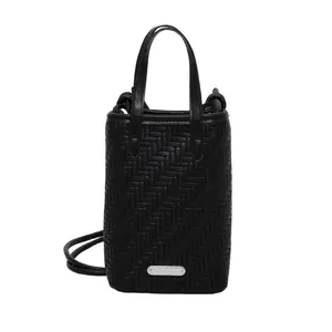 Black woven leather crossbody bag with silver metal plate and minimalist square design