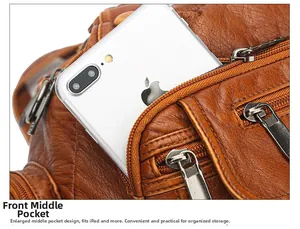 Macro detail of the brown retro leather bag front zipper pocket and functional compartment
