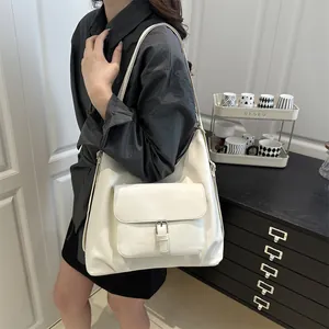 Retro cream white leather tote bag with silver buckle flap pocket for daily commute
