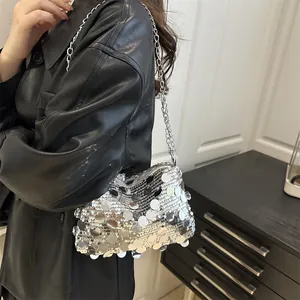 Silver sequin chain bag for women with a metallic glitter finish for parties