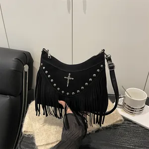 Women Vintage Bohemian Tassel Shoulder Bag Retro Suede Look Studded Crossbody Bag With Gothic Cross Pendant Rivets Fringe Hobo Bag