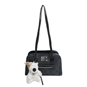 Retro dunkelgraue Schultertasche mit Polka-Dots, Metallschnalle und Bären-Anhänger