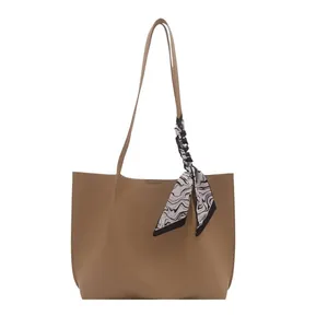 Minimalist large khaki tote bag for women with decorative marble pattern silk scarf