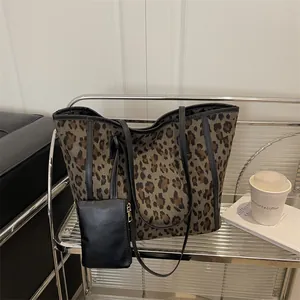 Leopard Print Tote Bag For Women Large Capacity Shoulder Shopping Bag With Matching Pouch Faux Suede PU Leather Handbag