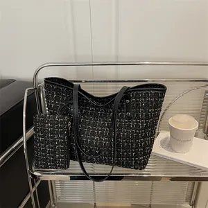 Elegant Tweed Tote Bag Set For Women Large Capacity Plaid Woven Shoulder Bag With Mini Pouch PU Leather Strap Fashion Handbag
