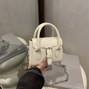 Women Mini PU Leather Top Handle Crossbody Bag With Silver Buckle Decoration And Chain Strap Fashion Tiny Handbag
