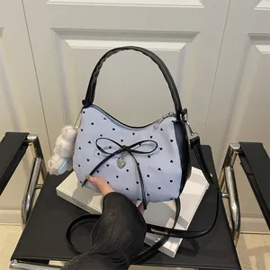 Sweet Cool Bow Heart Print Underarm Bag Women PU Leather Fabric Striped Moon Shoulder Crossbody Bag Fashion Niche Handbag