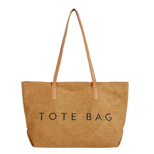 Large capacity corduroy tote bag in caramel color with black TOTE BAG embroidery