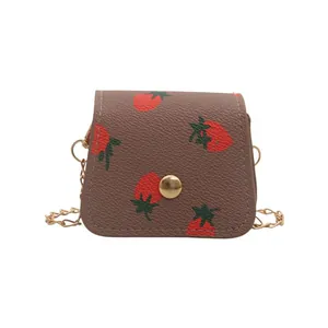 Brown PU leather mini crossbody bag with strawberry print and gold chain strap