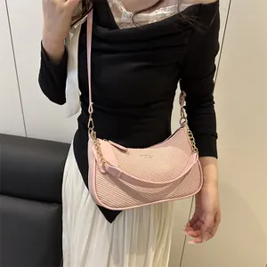 Pink woven texture half-moon underarm bag with gold chain strap for women