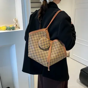 Vintage checkered tote bag with matching mini coin purse and leather shoulder straps