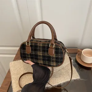 Vintage Plaid Woolen Boston Bag For Women Fashion Grid Shoulder Crossbody Handbag With PU Leather Handles And Adjustable Strap