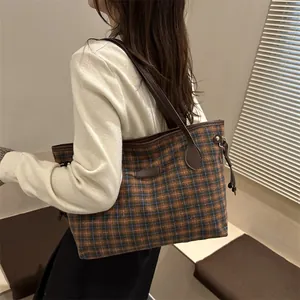 Chic plaid tote bag with brown leather handles, large capacity shoulder bag for women