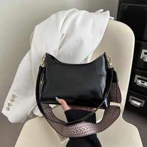 Women Retro PU Leather Underarm Bag Shiny Minimalist Shoulder Bag With Wide Jacquard Strap Fashion Daily Crossbody Handbag