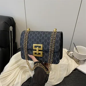 Petit Sac Carré Vintage pour Femme en Cuir PU Imprimé Monogramme M avec Bandoulière Chaîne Dorée Serrure en Métal Sac Bandoulière Mode