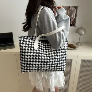 Chic houndstooth pattern large tote bag with white leather straps for women's commute
