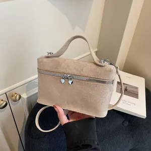 Sac Bandoulière Boîte en Suédine pour Femmes Texture Givrée Sac à Main Minimaliste Avec Tirettes en Forme de Coeur Sac à Épaule
