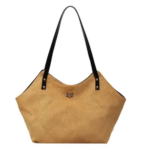 Quilted khaki suede tote bag with golden twist lock and black leather shoulder straps